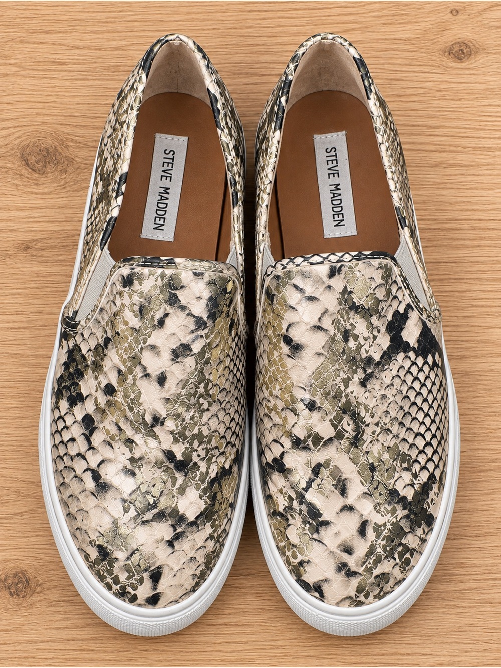 Steve Madden Women’s Snake-Print Slip-On Sneakers in Beige, Olive & Black